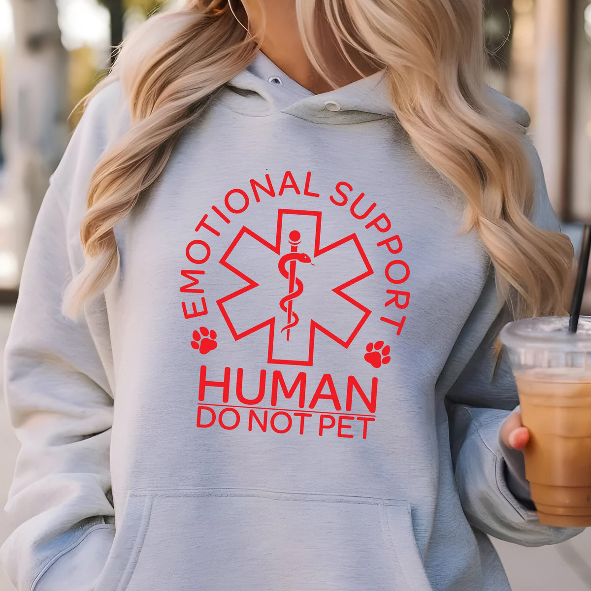 May include: A light gray hoodie with a red graphic that says "Emotional Support Human Do Not Pet". The graphic features a red star of life with a snake and a caduceus.