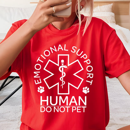 May include: A bright red short-sleeved t-shirt featuring a white graphic of a six-pointed star with a snake-entwined staff in the center. The text reads EMOTIONAL SUPPORT HUMAN DO NOT PET, accompanied by two small white paw print icons on the sides.