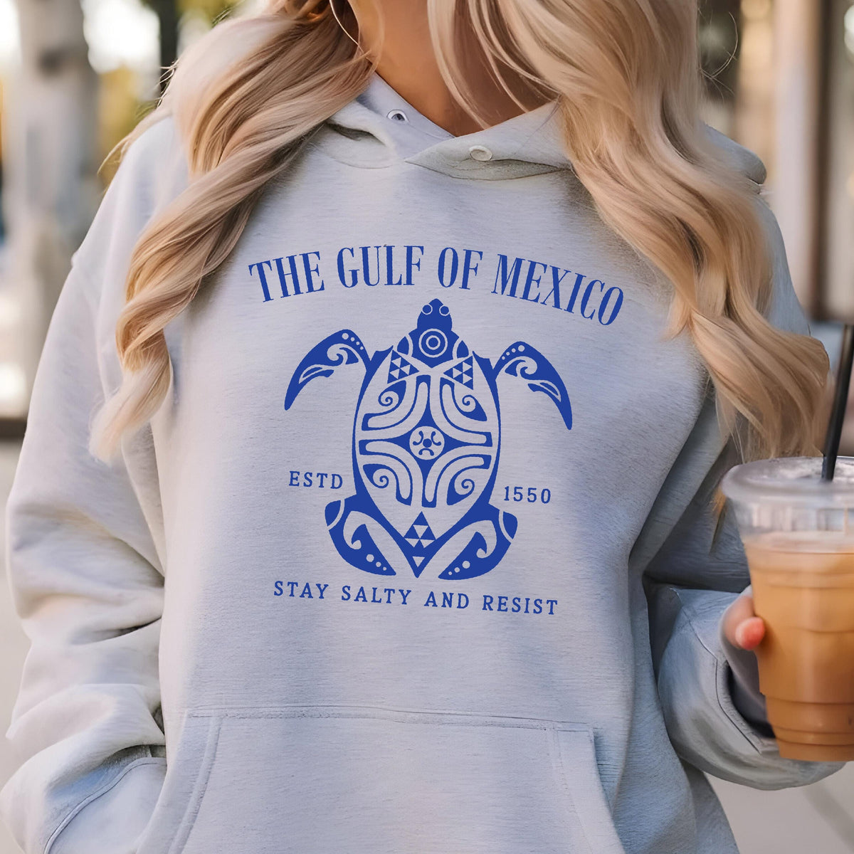 May include: A light gray hooded sweatshirt with a blue graphic of a stylized sea turtle. The text "The Gulf of Mexico" is above the turtle, and "Estd 1550" is below the turtle. The text "Stay Salty and Resist" is below the turtle.