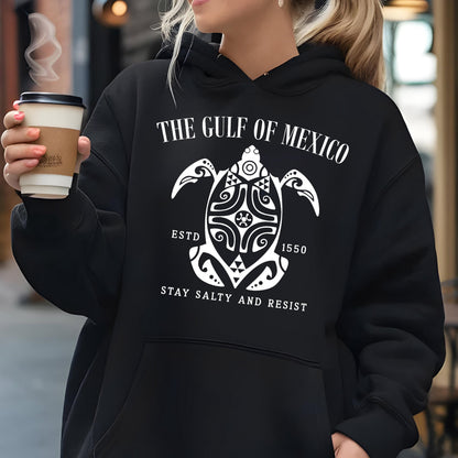 May include: Black hooded sweatshirt with a white graphic of a turtle with the text "The Gulf of Mexico" and "Estd 1550 Stay Salty and Resist".