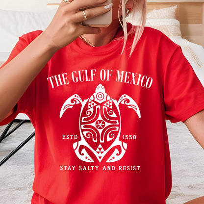 May include: Red t-shirt with a white graphic of a turtle with the text "The Gulf of Mexico Est. 1550 Stay Salty and Resist"