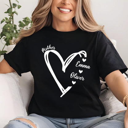 May include: Black t-shirt with a white heart design and the words "Mother", "Emma", and "Oliver" inside the heart.
