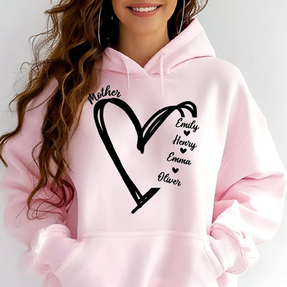 May include: Pink hoodie with a black heart design and the word "Mother" above it. The names Emily, Henry, Emma, and Oliver are listed inside the heart.