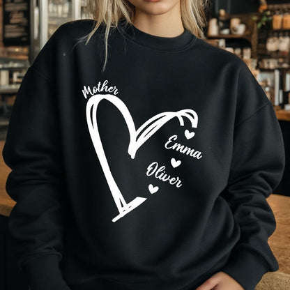 May include: Black sweatshirt with a white heart design and the words "Mother", "Emma", and "Oliver" inside the heart.