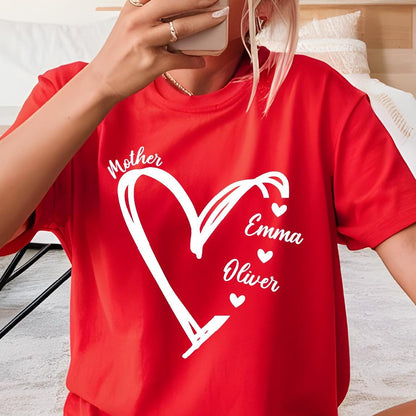 May include: A bright red short-sleeved t-shirt featuring a large white hand-drawn heart outline. The design includes the white text Mother, Emma, and Oliver, with small white hearts placed between the names, all printed on the front of the shirt.
