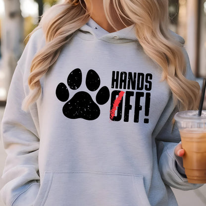 May include: A gray hoodie with a black paw print and the text "HANDS OFF!" in red and black letters.