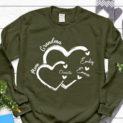 May include: Olive green sweatshirt with white hearts and the text "Grandma Mom Emily Emma Charlotte" on the front.