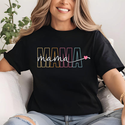 May include: Black t-shirt with a rainbow colored "MAMA" graphic and the word "mama" written in cursive with a pink heart.