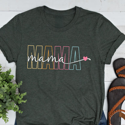 May include: A dark green t-shirt with the word "MAMA" in rainbow colors and the word "mama" in white script with a pink heart.