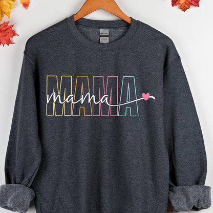 May include: A dark gray sweatshirt with the word "MAMA" in rainbow colors and a small pink heart. The word "mama" is written in cursive below the word "MAMA".