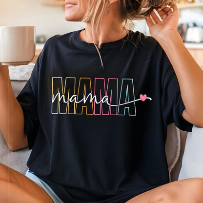 May include: Black t-shirt with a colorful "MAMA" graphic and the word "mama" written in cursive with a pink heart.