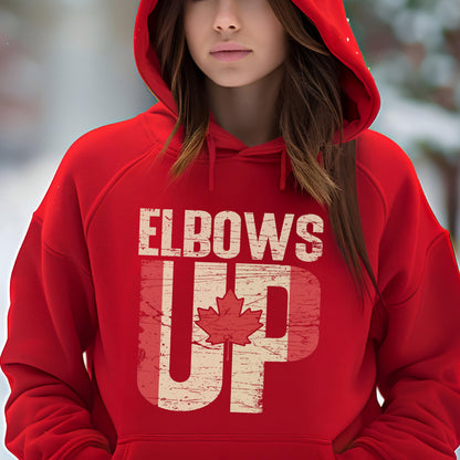 May include: Red hoodie with a white distressed graphic that says "Elbows Up" with a Canadian flag design.
