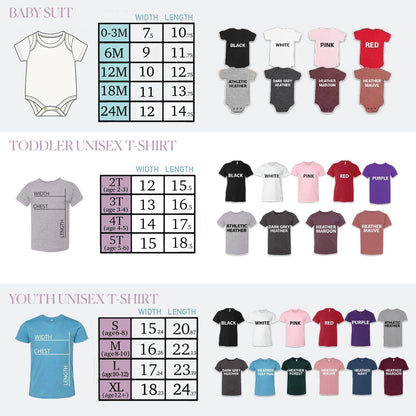 May include: A size chart for baby suits, toddler t-shirts, and youth t-shirts. Each section displays a garment outline, a table with width and length measurements in inches, and a grid of available color options with labels like black, white, pink, red, purple, and various heather tones.