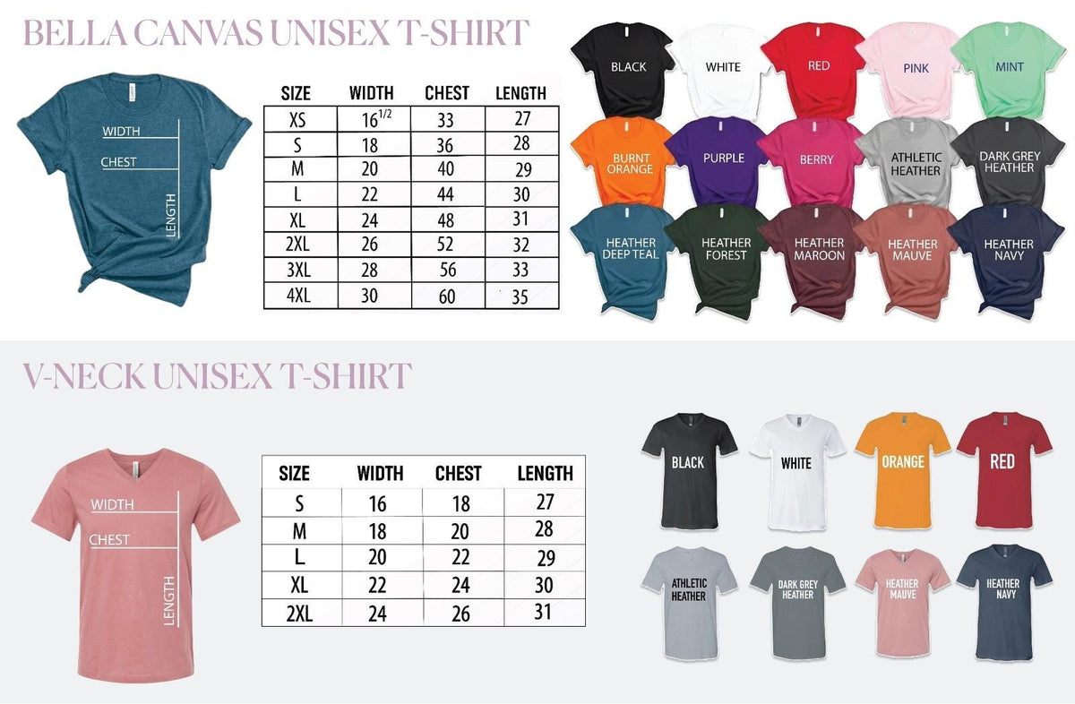 May include: Image features a variety of Bella Canvas unisex t-shirts and V-neck unisex t-shirts in various colors. Size charts are included, detailing measurements for width, chest, and length in inches. Colors include black, white, red, and more.