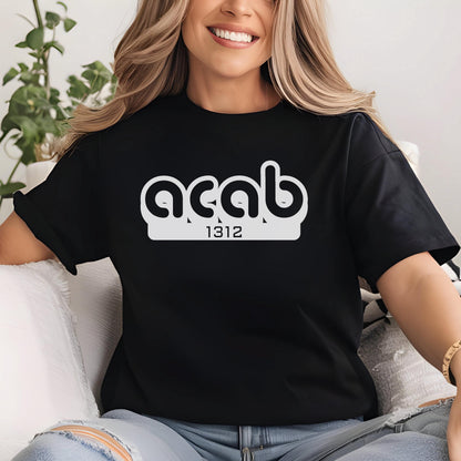 May include: Black t-shirt with a white graphic of the text "acab" in a rounded font with the number "1312" underneath.