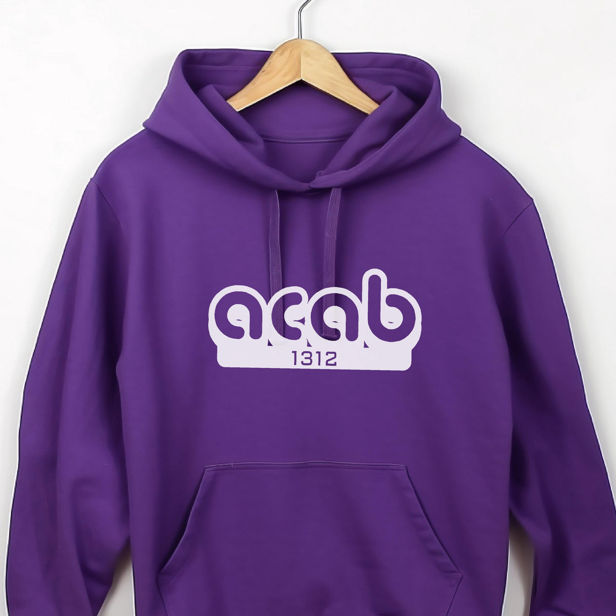 May include: Purple hooded sweatshirt with a white graphic print that says "ACAB 1312".