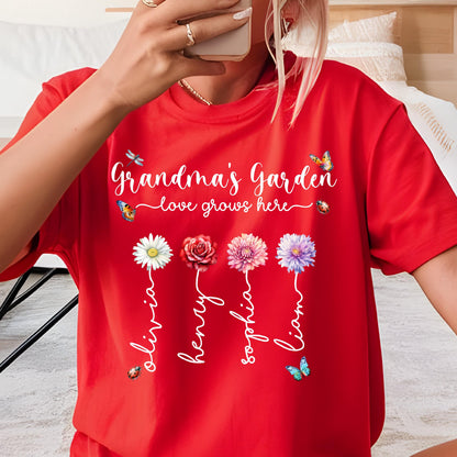 May include: Red t-shirt with the text "Grandma's Garden - love grows here" and four flowers with names Olivia, Henry, Sophia, and Liam written on them.