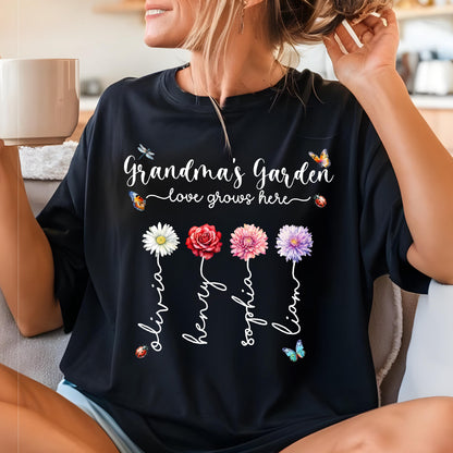 May include: Black t-shirt with the text "Grandma's Garden - love grows here" and four flowers with names Olivia, Henry, Sophia, and Liam written below them.