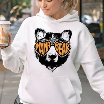 May include: White hoodie with a black bear wearing orange heart-shaped sunglasses that say "Mama Bear".