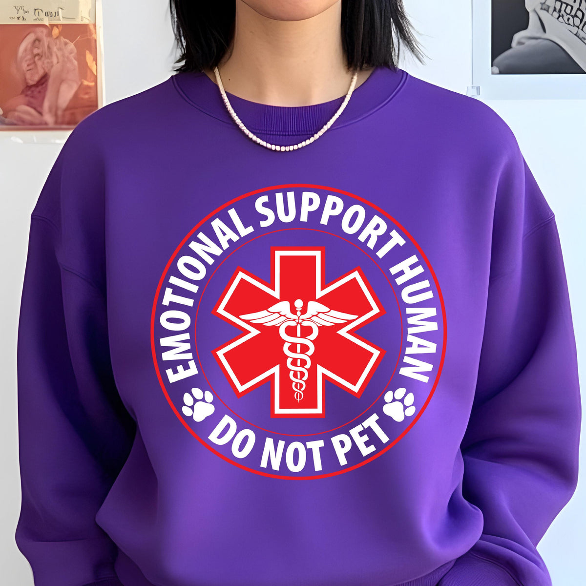 May include: Purple sweatshirt with a white medical symbol and the text "Emotional Support Human Do Not Pet" in a red circle.