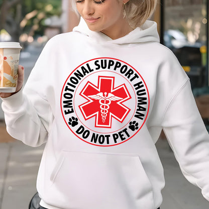 May include: White hoodie with a black and red circle graphic that says "Emotional Support Human Do Not Pet" with a red medical symbol and a snake inside.