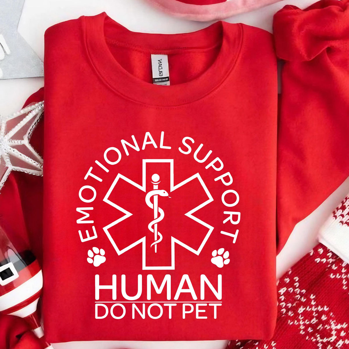 May include: Red sweatshirt with a white star of life graphic and the text "Emotional Support Human Do Not Pet".