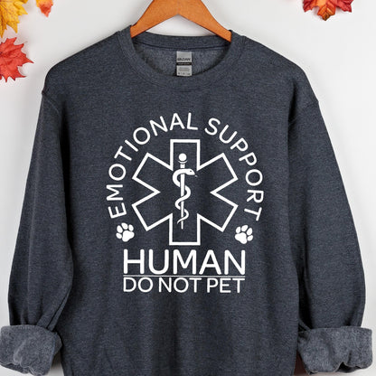 May include: A dark gray sweatshirt with a white graphic of a medical symbol with a snake and the text "Emotional Support Human Do Not Pet".