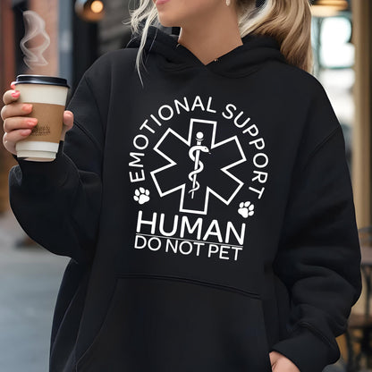 May include: Black hoodie with a white star of life symbol and the text "Emotional Support Human Do Not Pet".