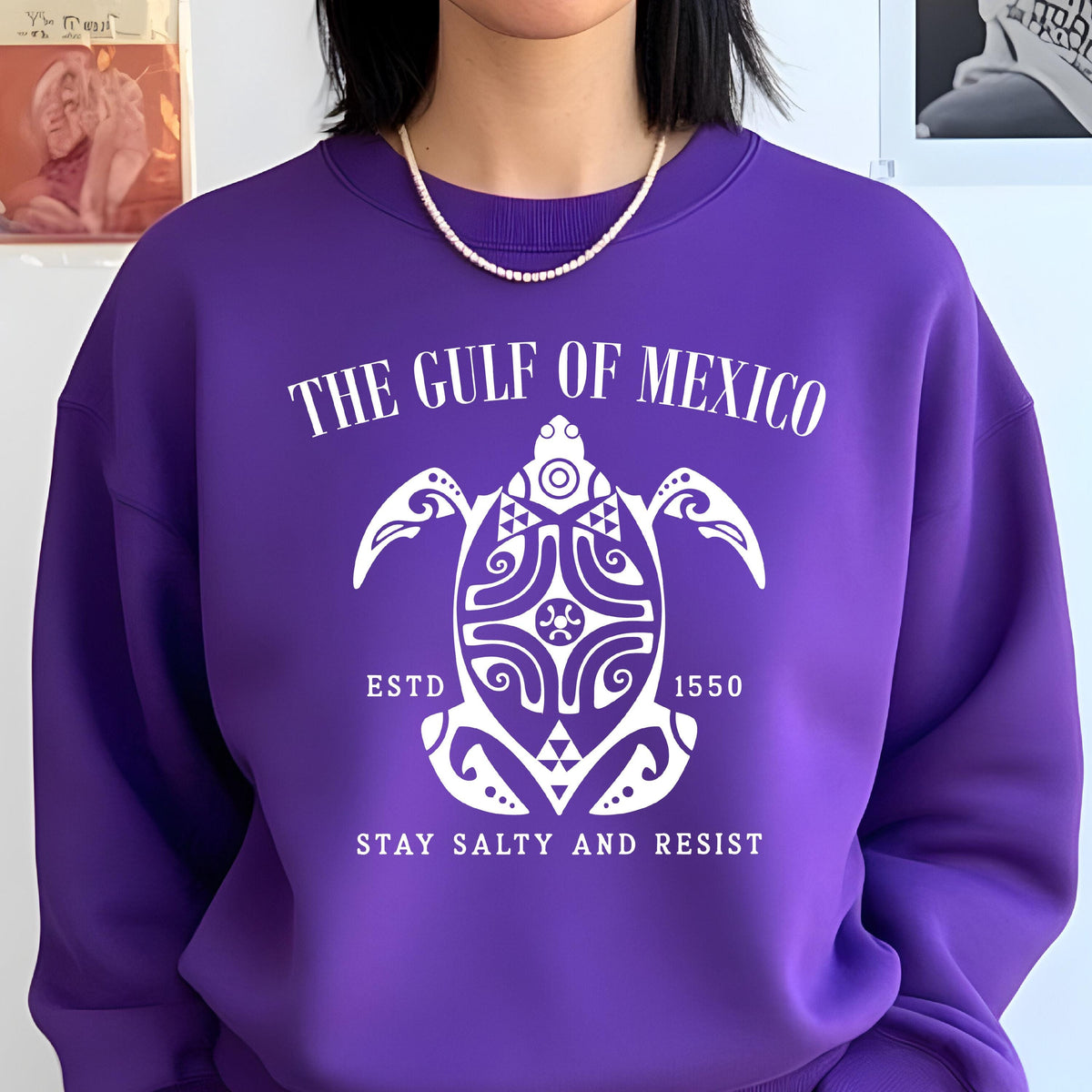May include: Purple sweatshirt with a white graphic of a turtle with the text "The Gulf of Mexico" above it, "Est. 1550" below it, and "Stay Salty and Resist" at the bottom.