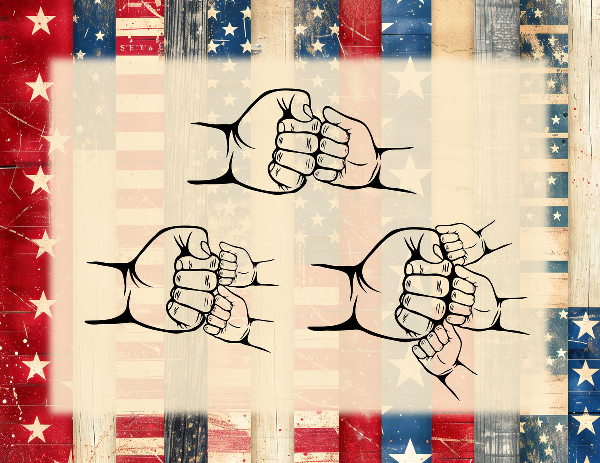 May include: Black and white line art illustration of four hands clasped together in a fist bump. The hands are drawn in a stylized way, with exaggerated features. The image is set against a background of a faded American flag.