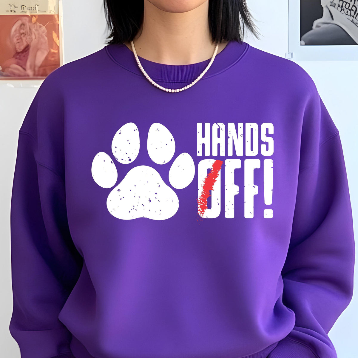May include: Purple sweatshirt with a white paw print and the text "HANDS OFF!" in white letters. The word "OFF!" has a red slash through it.