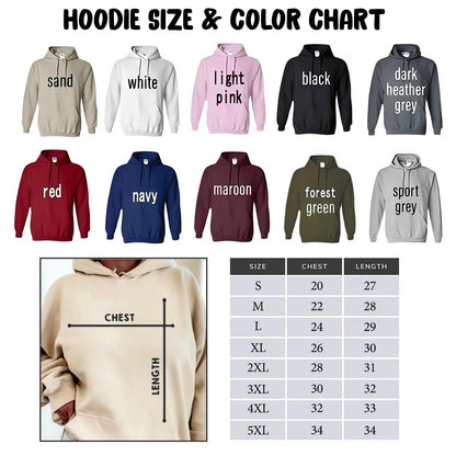 May include: Hoodie size and color chart with a variety of colors including sand, white, light pink, black, dark heather grey, red, navy, maroon, forest green, and sport grey. The chart also includes a size guide with chest and length measurements in inches for sizes S through 5XL.