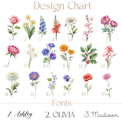 May include: Design chart with 19 watercolor flower illustrations numbered 1 through 19. The chart also includes the text "Fonts" and three font styles numbered 1 through 3 with the names "Ashley", "OLIVIA", and "Madison".
