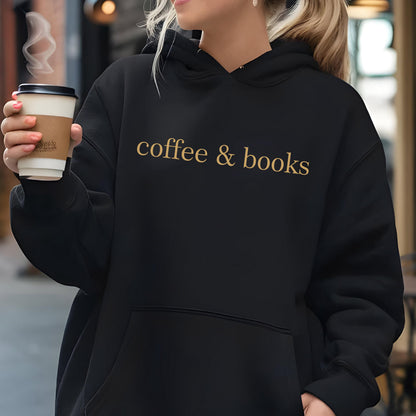 May include: Black hoodie with a gold inscription that reads "coffee & books".