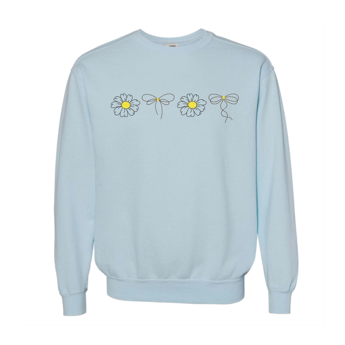 May include: A light blue sweatshirt with a row of five embroidered daisies with yellow centers and black stems. Each daisy has a small bow tied around its stem.