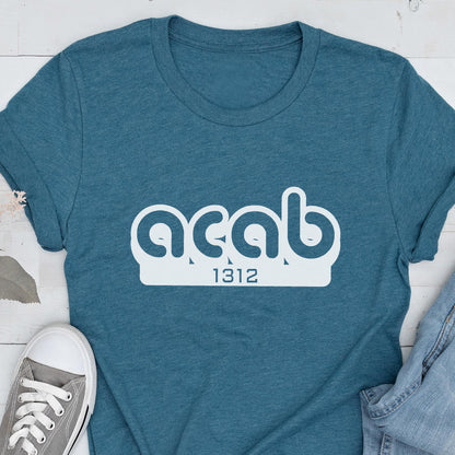 May include: A teal blue t-shirt with white text that reads "acab 1312".