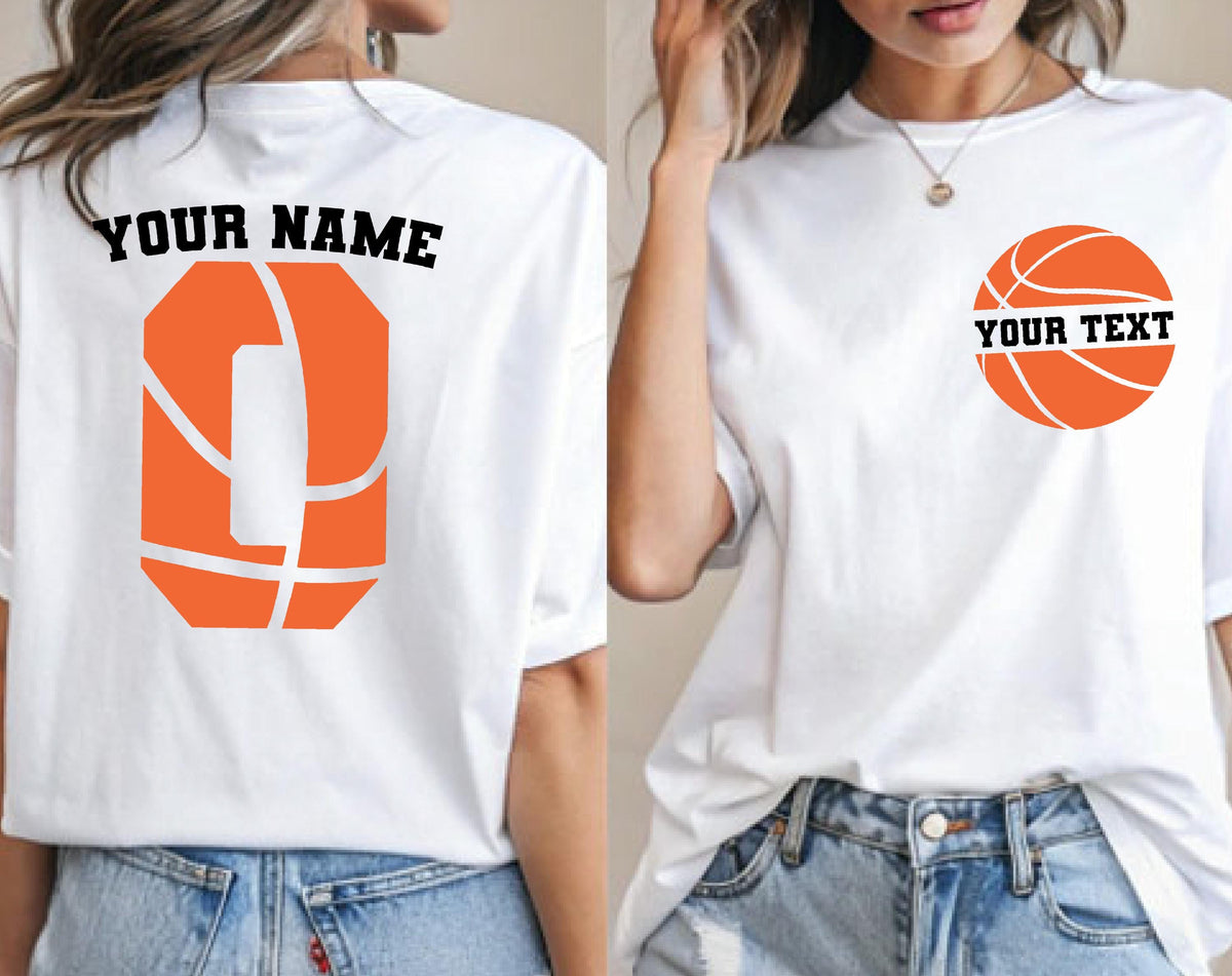 May include: A white t-shirt featuring a basketball-themed design. The back displays a large orange basketball graphic shaped like the letter O with the text YOUR NAME above it. The front features a small orange basketball graphic with YOUR TEXT.