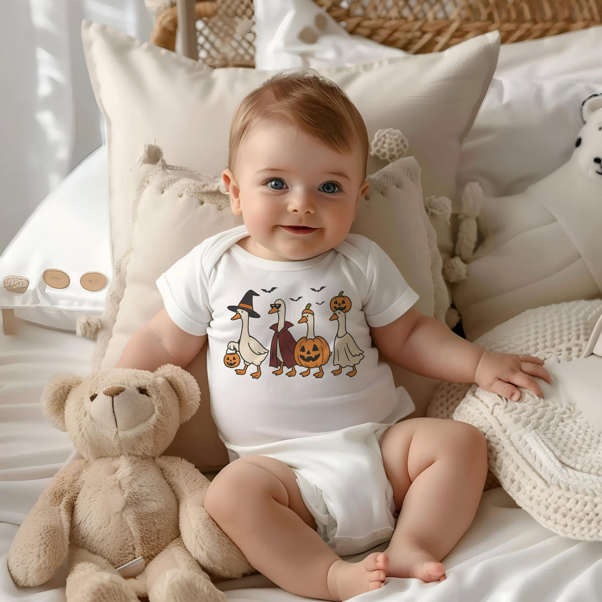 May include: A baby wearing a white onesie with a Halloween-themed goose design. The design features geese dressed in costumes, including a witch hat, cape, and pumpkin. A beige teddy bear sits to the left of the baby.