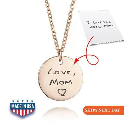 Engraved Handwriting Disc Necklace, Personalized Keepsake Jewelry, Valentines Day Gift
