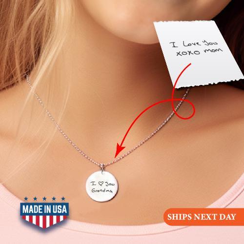 Engraved Handwriting Disc Necklace, Personalized Keepsake Jewelry, Valentines Day Gift