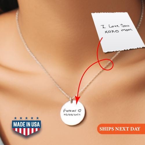 Engraved Handwriting Disc Necklace, Personalized Keepsake Jewelry, Valentines Day Gift