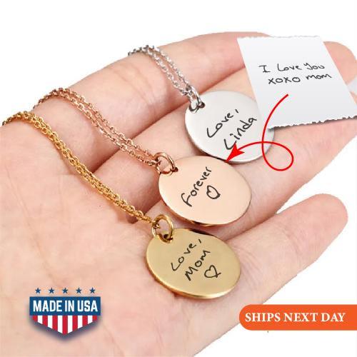 Engraved Handwriting Disc Necklace, Personalized Keepsake Jewelry, Valentines Day Gift