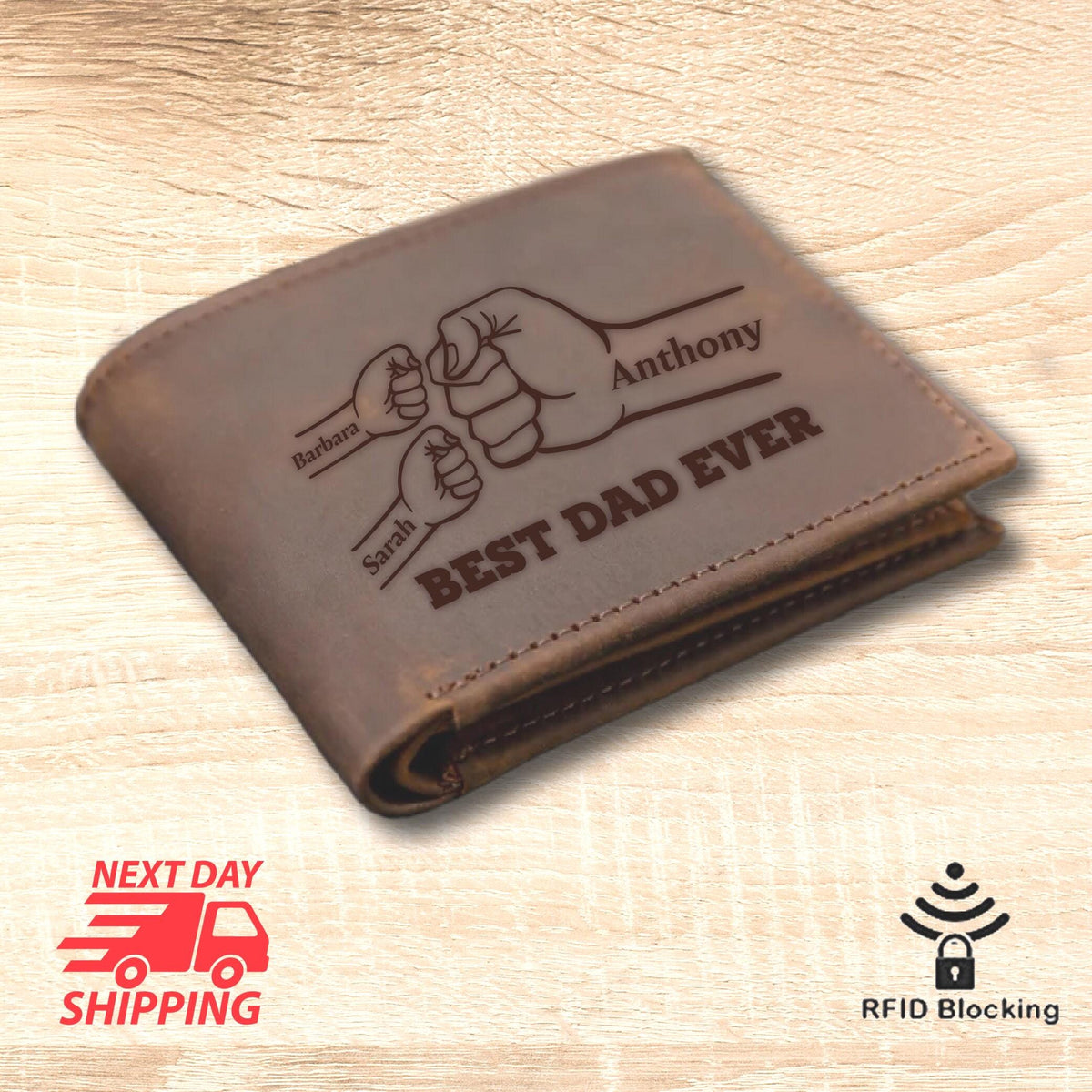 Personalized Leather Fist Bump Wallet, Valentines Day Gift, Dad & Kids Names, RFID Blocking