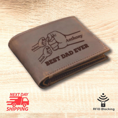 Personalized Leather Fist Bump Wallet, Valentines Day Gift, Dad & Kids Names, RFID Blocking