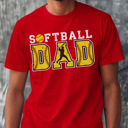 May include: Red t-shirt with the text "Softball Dad" in white letters with a yellow softball graphic and a silhouette of a softball player.