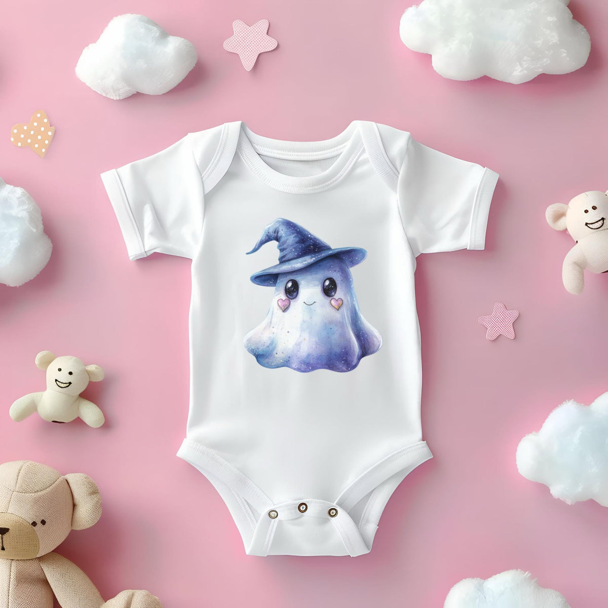 May include: White baby onesie featuring a watercolor illustration of a friendly ghost wearing a blue witch hat. The ghost has heart-shaped cheeks and is surrounded by pink stars and clouds, perfect for Halloween.