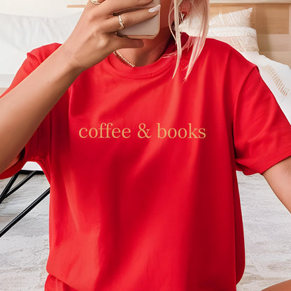 May include: Red short-sleeved t-shirt with the text "coffee & books" printed in a light brown color.