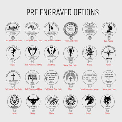 May include: A collection of twenty-four circular pre-engraved options labeled C-1 through C-24, featuring black line art designs on a light background. The graphics include names, dates, coordinates, and various icons like mountains, rings, and animals.