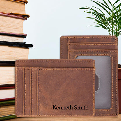 Father's Day Gift Engraved Leather RFID Card Holder, Slim Minimalist Wallet