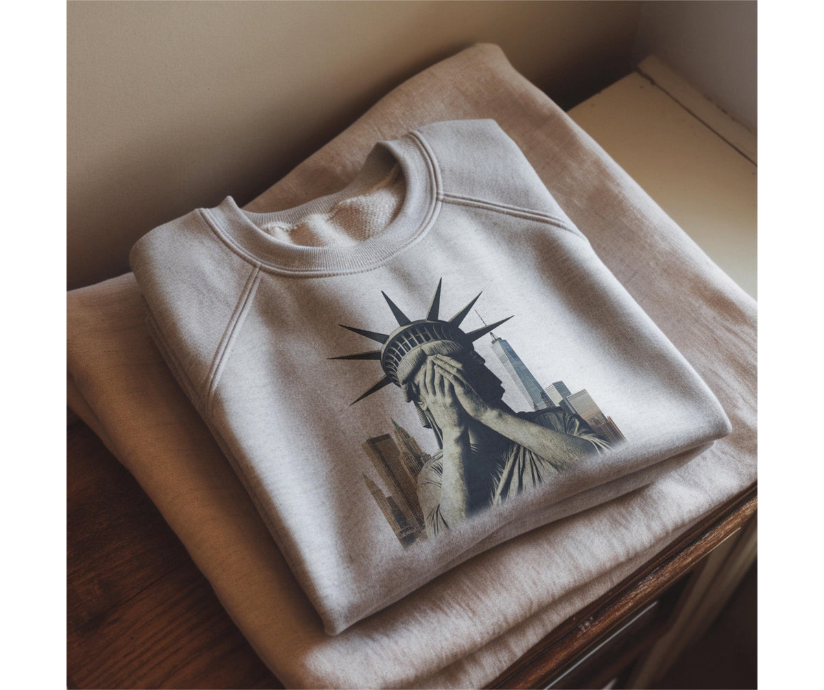 May include: A light gray sweatshirt featuring a graphic of the Statue of Liberty covering her eyes, with the New York City skyline in the background. The sweatshirt is folded on top of a light brown blanket.